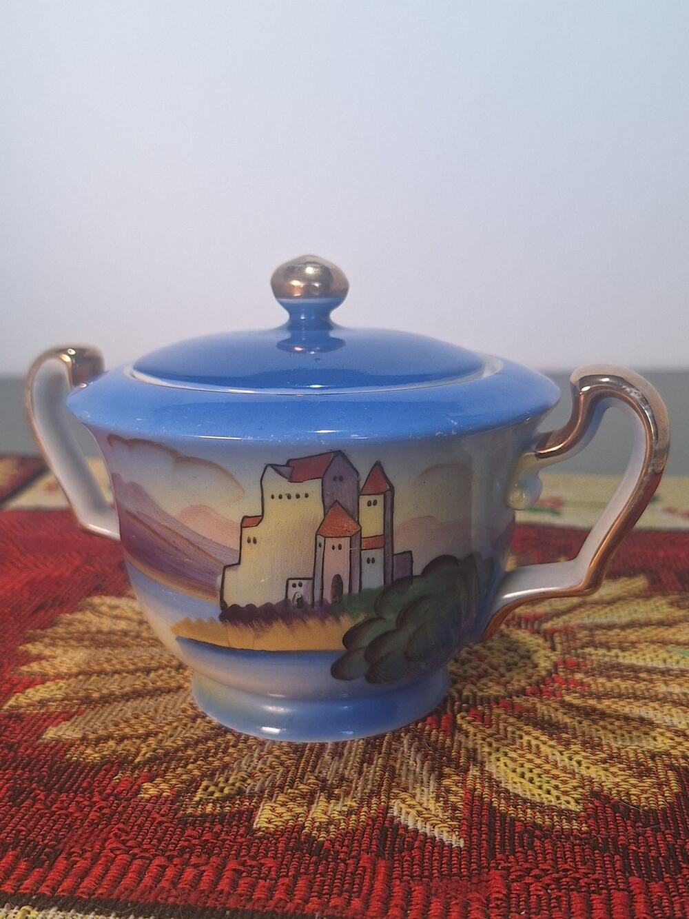 Vintage Meito Japan Castle Scenic Covered Sugar Bowl Blue Gold - Unusual Style!